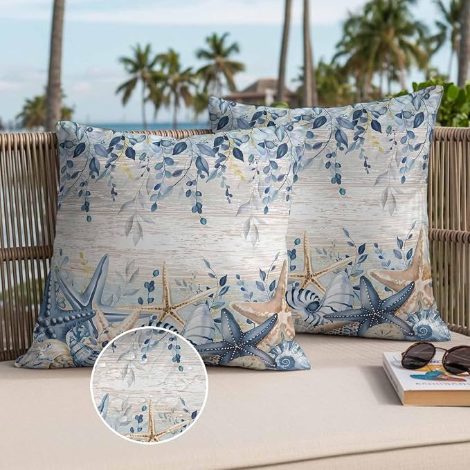 Marine Life Outdoor Waterproof Throw Pillow Covers Set of 2, 18"x18", Watercolor Blue Beige Starfish Shell Leaves Wood Decorative Pillow Covers Outside Cushion Case for Patio Porch Garden