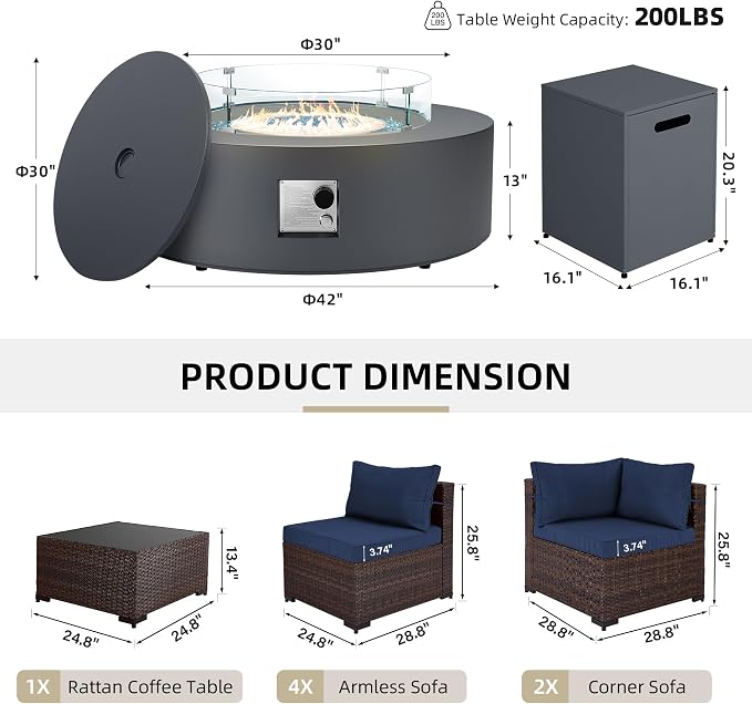UPHA 9 Pieces Patio Furniture Sets, Wicker Outdoor Sectional Sofa Couch with Round Propane Pit for Deck Backyard Garden, Brown Rattan, Navy Blue Cushion