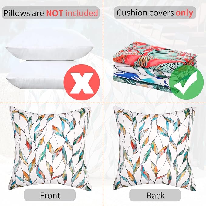 Outdoor Waterproof Pillow Covers Summer Decorative Throw Pillow Covers Tropical Leaves Couch Covers 18x18 Set of 2 Square Outdoor Floral Cushion Cases for Patio Furniture Garden Tent Balcony Bench