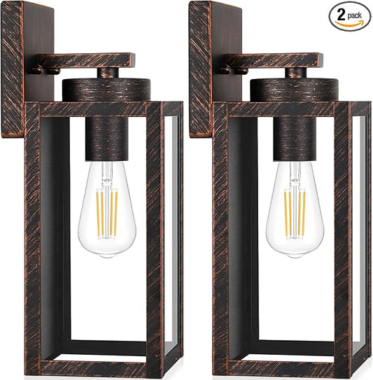 BesLowe Outdoor Wall Light Fixtures, Outside Porch Lights, Distressed Brown | Waterproof Metal Construction, Rust-resistant, Quick & Easy Installation, Clear Glass Shades & Standard E26 Socket