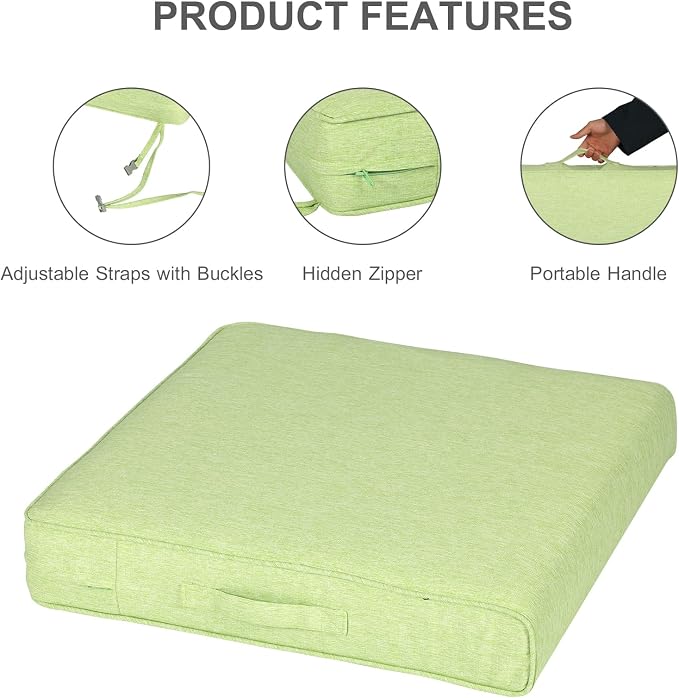 Aoodor Patio Chair Cushions Set of 4, 24 x 24 x 4 Inch Water Resistant Outdoor Seat Cushions with Handle and Ties, Square Corner Cushions for Patio Furniture Garden Lawn, Green