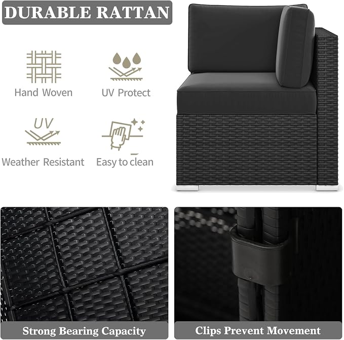 LayinSun 8 Pieces Patio Furniture Set with Fire Pit Table, Black Rattan Modular Sectional Patio Conversation Sofa Set