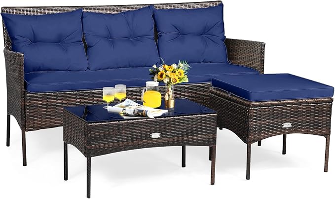 HAPPYGRILL 3 Piece Outdoor Rattan Conversation Set Patio Furniture Set with Tempered Glass Coffee Table, 5 Elastic Seat & Back Cushions, Sectional Sofa Set for Poolside Balcony Backyard