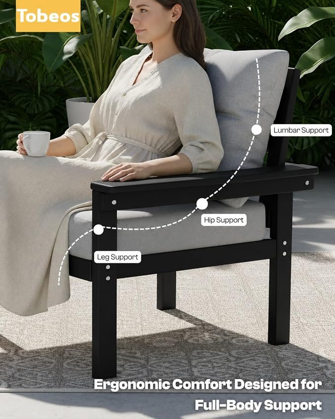 HDPE 7 Piece Patio Furniture Set, All-Weather Outdoor Couch Set with Thick Cushions & Table & Umbrella, Patio Conversation Sets for Lawn, Garden, Porch, Balcony, Deck, Poolside, Black & Grey