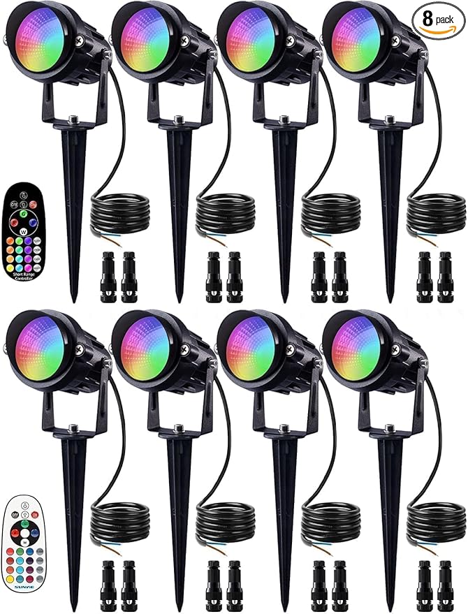 SUNVIE 12W RGB Color Changing Landscape Lights Low Voltage LED Landscape Lighting Remote Control Spotlight Waterproof Garden Yard Halloween Christmas Decoration Outdoor, 8 Pack with Connector