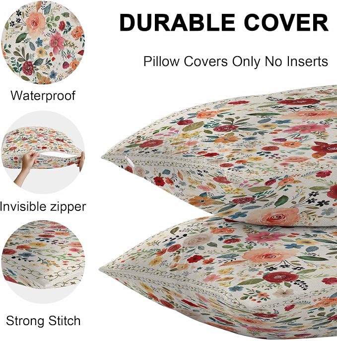 Vandarllin Outdoor Throw Pillows Covers 26x26 inch Set of 2 Waterproof Beige Floral Decorative Zippered Cushion Covers for Patio Furniture, Farmhouse Vintage Flower Lumbar Pillowcases