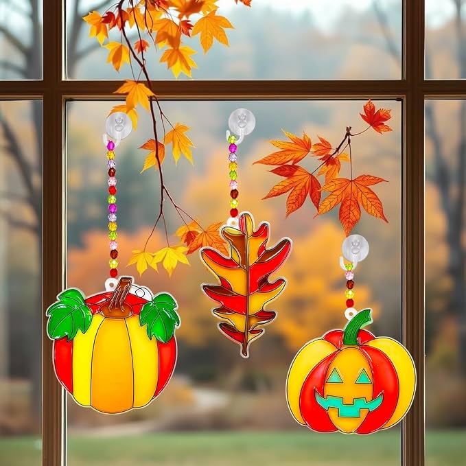 AUEKIV Fall Leaf Pumpkin Suncatcher Kit 32 Sets Pumpkin Suncatchers Window Art Paint DIY Craft Kits Autumn Maple Leaf Sun Catcher Bulk for Classroom Halloween Thanksgiving Party Art Project