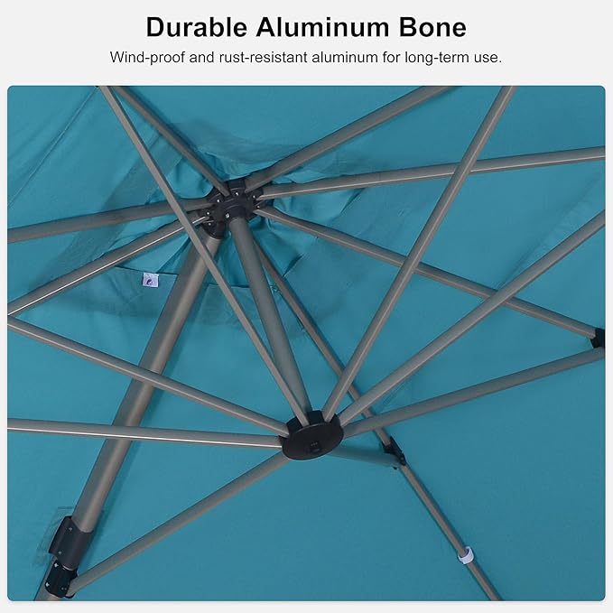 PURPLE LEAF 9’ X 9‘ Patio Umbrella Outdoor Cantilever Umbrella, Aluminum Offset Umbrella with Champagne Frame and 360° Rotation for Pool Deck Garden, Turquoise Blue