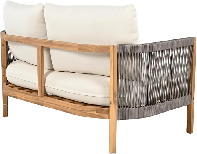 Christopher Knight Home Havets 2 Pieces Conversation Set, Acacia Wood Loveseat and Coffee Table Set, Woven Rope Armchair, Slats Panel End Table, 6" Thick Cushion Couch for Backyard Garden, Gray+Beige