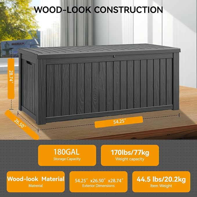 Outdoor Storage Box, 180 Gallon Resin Deck Boxes Outdoor Waterproof For Patio Furniture, Garden Tools, Pool Supplies, Lockable And UV Resistant (Striped Black)