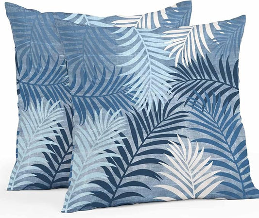 Blue Palm Leaves Waterproof Outdoor Pillow Covers Set of 2 Home Decor, Summer Tropical Leaf Plant Pillowcase Patio Pillow Covers for Couch Bench Patio Furniture Garden 16x16in