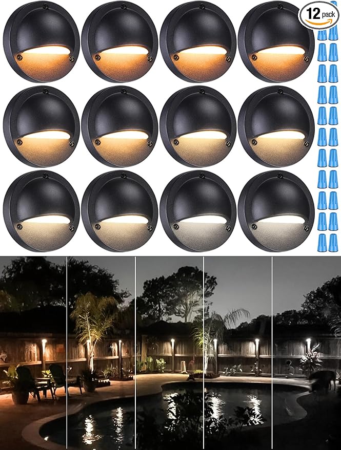 LEONLITE 12-Pack Update 5CCT LED Low Voltage Deck Lights, 180LM 3.74inch Landscape Step Railing Fence Light, 12-24V AC/DC, CRI90, Die-cast Aluminum Housing & Frosted Glass Lens, UL Cord, Black