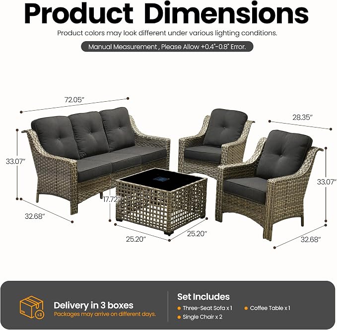 4 PCS Patio Conversation Set, All-Weather High Back Wicker Outdoor Patio Furniture Sets with Two Single Chairs, Solar Light Coffee Table,Outside Furniture for Porch Backyard Balcony,Black