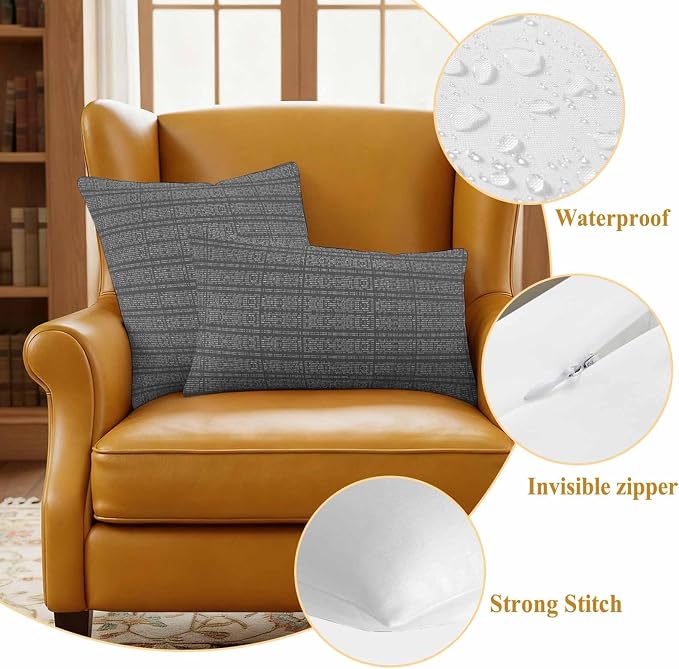 Outdoor Waterproof Throw Pillow Covers Set of 2 Grey Stripes Grain Pillowcases 16x16 Inches Solid Color Decorative Pillows Cushion Case Patio Pillows for Couch Bed Chair Garden