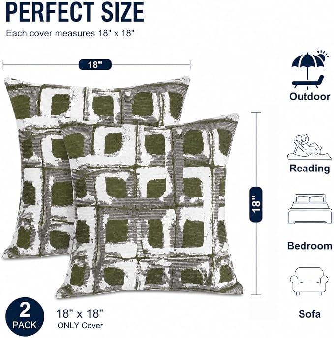 Outdoor Pillow Covers Waterproof Throw Pillow Covers, Set of 2 Jacquard Texture Water Resistant Fade Resistant Decorative Cushion Covers for Garden Patio Bench Couch Sofa, 18x18 Inch (Green Geometric)