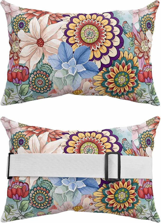 Boho Floral Outdoor Lumbar Pillow 11x16 Inch, Spring Vintage Abstract Art Flowers Waterproof Throw Pillow Covers with Insert, Decorative Chair Cushions for Patio Garden Recliner