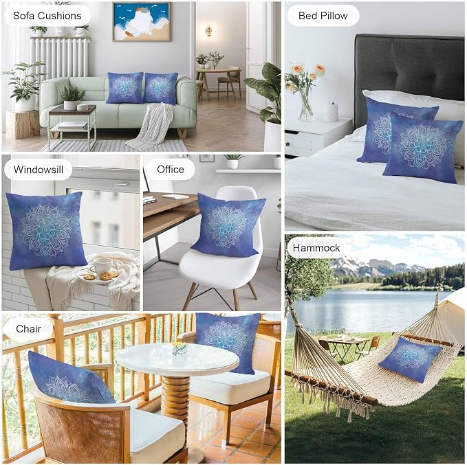 Vandarllin Outdoor Throw Pillows Covers 16x16 inch Set of 2 Waterproof Blue Boho Floral Decorative Zippered Cushion Covers for Patio Furniture, Bohemian Flower Lumbar Pillowcases