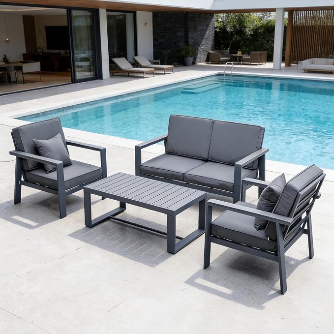 Aluminum Patio Furniture Set, Modern Metal Outdoor Conversation Sectional Sofa with Washable Thick Cushions, Coffee Table and Waterproof Cover (Grey, 1088-4seat)