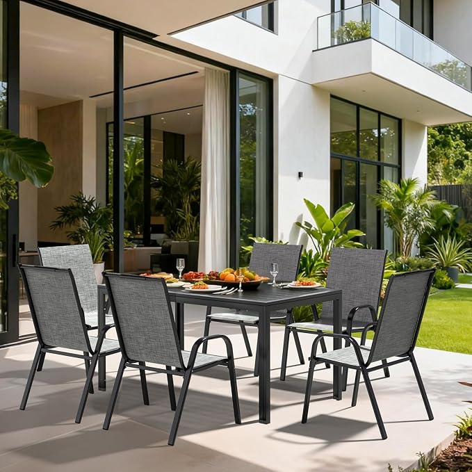Outdoor Dining Sets for 6, Rectangular Steel Slat Table with 6 Textilene Chairs, 7 Piece Patio Table and Chairs Set with Umbrella Hole for Patio, Backyard, Poolside (Grey, No Umbrella)