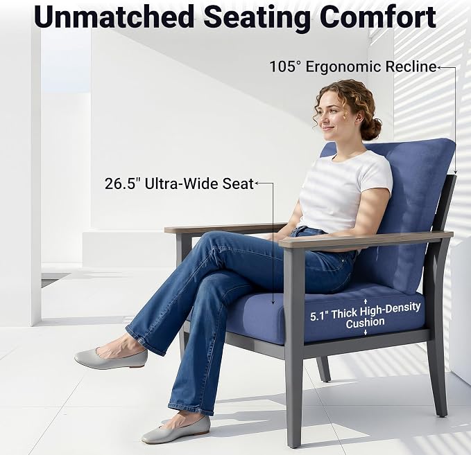 Aluminum Patio Chairs Set of 2, Modern Outdoor Armchairs with Wood-Like Armrests & 5.1" Thick Cushions, Wide Seat Balcony Furniture for Porch, Deck, Navy Blue