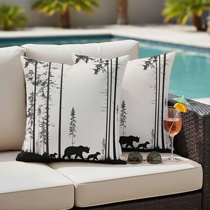 Abstract Outdoor Waterproof Throw Pillow Covers Set of 2, 24"x24", Animal Bear Family Forest Trees Silhouette Decorative Pillow Covers Outside Cushion Case for Patio Porch Garden