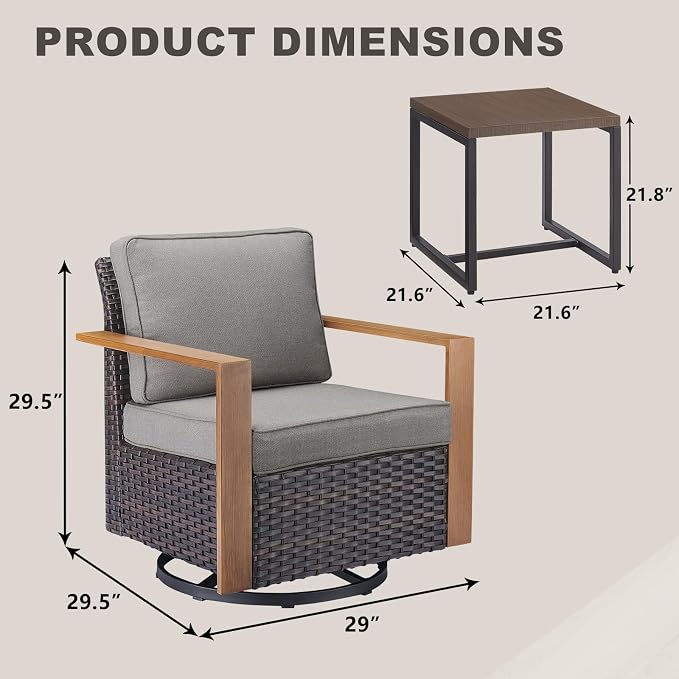 Outdoor Patio Swivel Rocker Chairs - 3 Piece Wicker Patio Furniture Bistro Set with 2 Swivel Rocking Chairs and 1 Metal Side Table,Thick Cushions,Deep Seating for Deck Porch Garden(Brown/Grey)