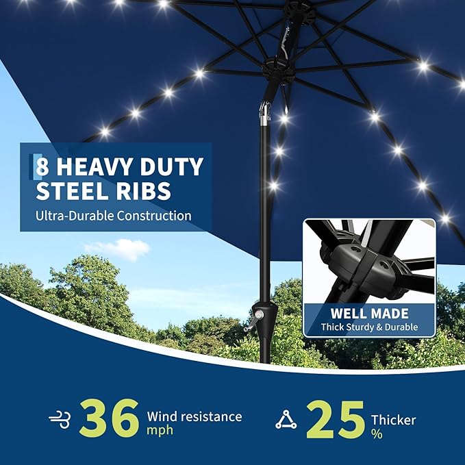 Garvee 9/10 FT Solar Patio Umbrella with 32 LED Lights - Outdoor Table Umbrella with Crank Lift, Push Button Tilt and 8 Sturdy Ribs - Market Umbrella UV Protection for Pool, Deck, Yard, Garden