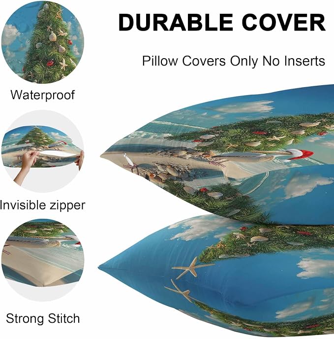 Christmas Outdoor Throw Pillows Covers 20x20 inch Set of 2 Waterproof Christmas Tree Decorative Zippered Cushion Covers for Patio Furniture, Pelican Starfish Shell Beach Wave Lumbar Pillowcases