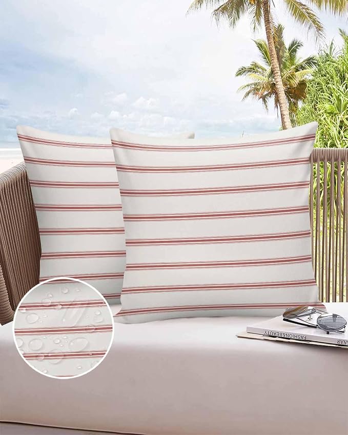Vandarllin Outdoor Throw Pillows Covers 20x20 inch Set of 2 Waterproof Red Stripes Decorative Zippered Cushion Covers for Patio Furniture, Abstract Lines Striped Lumbar Pillowcases