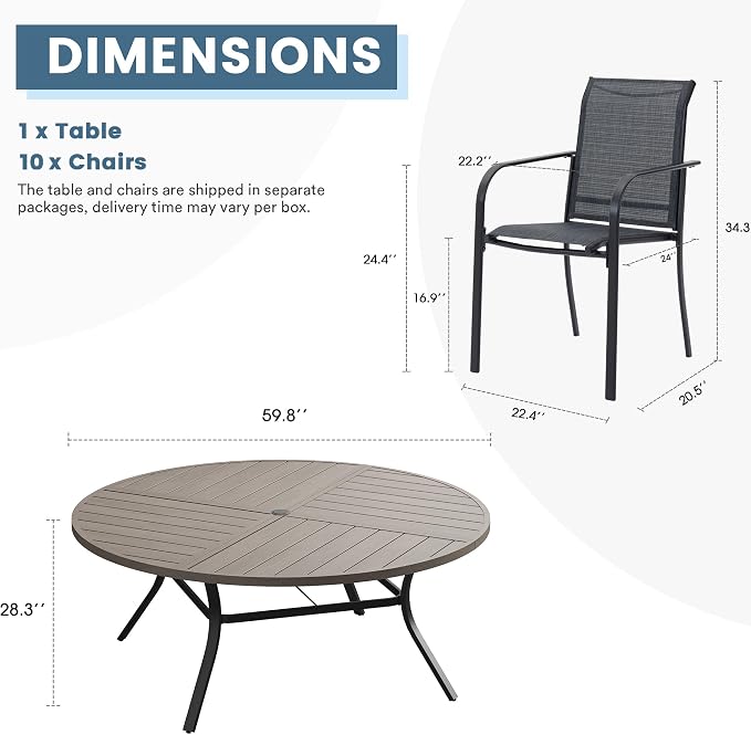 DIFY Patio Dining Set for 10, 11 Piece Outdoor Table and Chairs Set, 59.8" Grey Wood-Like Round Metal Patio Dining Table and 10 Grey Textilene Stackable Patio Chairs, for Backyard Garden Poolside