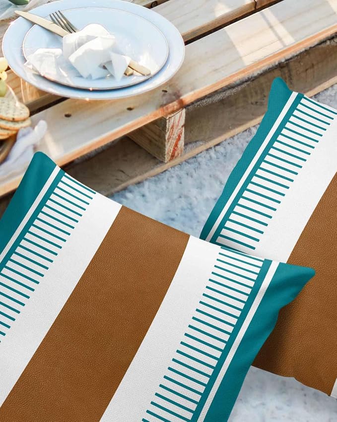 Outdoor Waterproof Throw Pillow Covers 24x24in, Farmhouse Boho Stripes Cushions for Garden Patio Furniture Chairs Set of 2, Teal Brown Home Decor Couch Sofa Polyester Pillow Cases