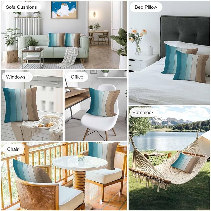 Throw Pillow Covers 20x20 Inch Set of 2, Teal Brown Ombre Waterproof Outdoor Cushion Covers, Vintage Country Wooden Decorative Pillowcases for Couch, Sofa, Bed, Garden, Patio