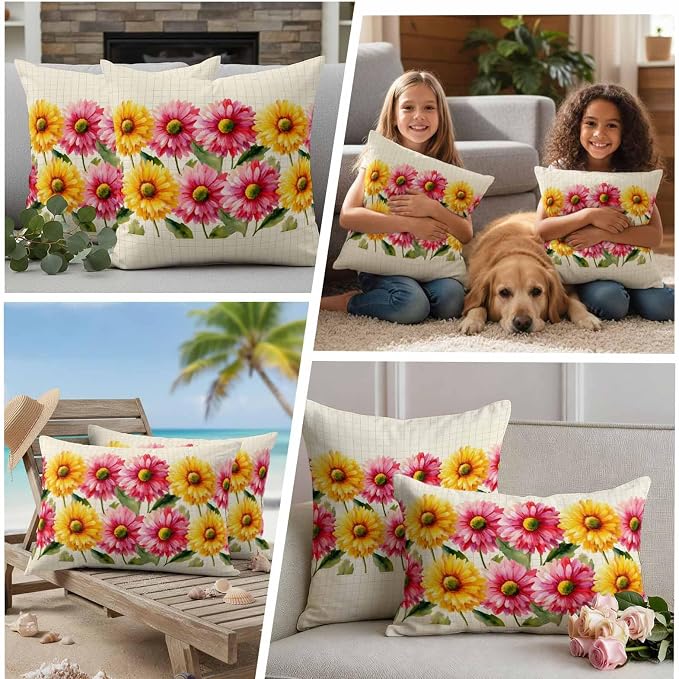 Yellow Pink Daisy Outdoor Pillow Covers 26"x26" Set of 2, Rustic Farmhouse Boho Yellow Plaid Waterproof Throw Pillow Covers for Patio Furniture, Decorative Cushion Covers for Porch