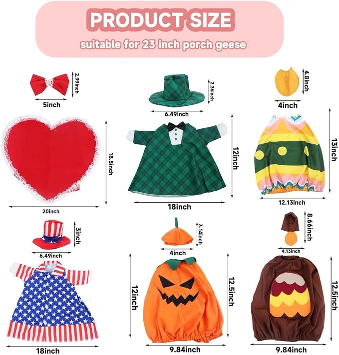 12 Set Holiday Porch Goose Outfits All Seasons Holiday Bundle St. Patrick Easter Summer Hawaiian 4th of July Fall Lawn Goose Clothing Porch Clothes for Patio Yard Lawn Decor
