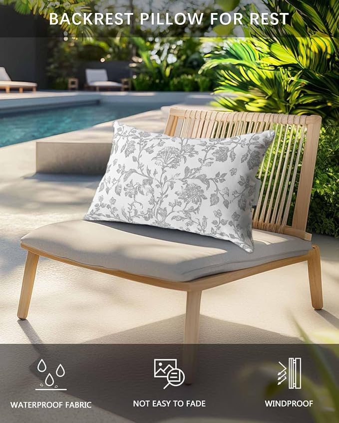 Pack of 4 Outdoor Lumbar Pillow Covers 11x16 Inch, Boho Gray Flower Waterproof Throw Pillow Covers Set, Vintage Farmhouse Leaf Spring Plant Indoor&Outdoor Cushion Cases for Patio Porch Beach