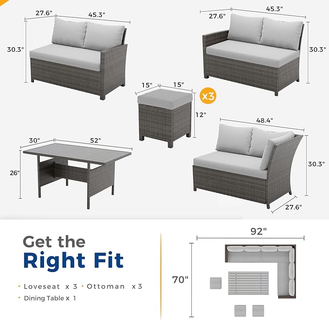 Wisteria Lane 7 Piece Patio Furniture Set, High Curved Back Wicker Outdoor Dining Set, All Weather Patio Sectional, Outdoor Furniture Patio Conversation Set with Ottoman, Ash Gray