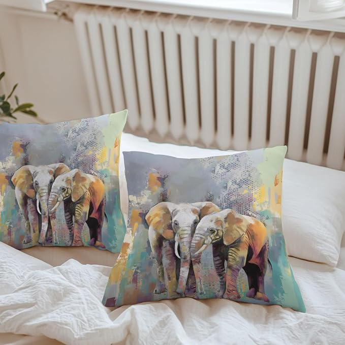 Elephants Outdoor Pillow Covers 18"x18" Set of 2, Animal Abstract Splatters Bohemian Waterproof Throw Pillow Covers for Patio Furniture, Decorative Cushion Covers for Porch