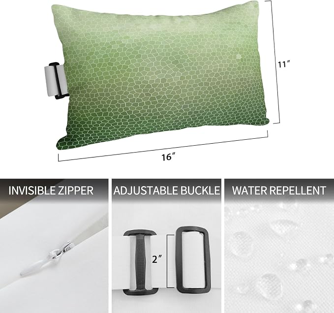 Chaise Lounge Headrest Pillow 1 Pack, Green Ombre Waterproof Chair Pillows with Insert & Adjustable Elastic Strap for Beach Pool Recliner, Geometric Stained Glass Outdoor Patio Pillow