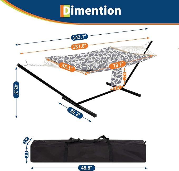 Double Hammock Set - Portable 500Lb Capacity for 2 Person w/Steel Frame, V Spreader Bar & Carry Bag - Freestanding Indoor Outdoor Use (Stripe)
