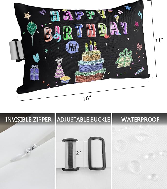 Outdoor Pillows Covers with Inserts Happy Birthday Cake Firwoks Black Waterproof Recliner Pillow with Adjustable Strap Throw Pillows for Patio Furniture Pool Lounge Chair, 11x16 inch, 1PCS