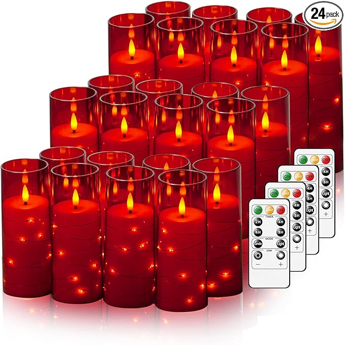 Nimiko Flickering Flameless LED Candles,Battery Operated Candles 24 Pcs with Embedded Star String,Acrylic LED Pillar Candles with Remote,Suitable for Home Decoration to Create an Atmosphere (Red)