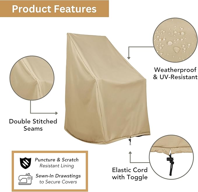 Shine Company Weatherproof Outdoor Rocking Chair Cover Set of 2, 100% Woven Polyester, Elastic Cord with Toggle, Khaki, 2-Pack