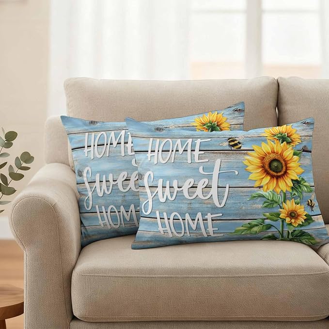 Lumbar Pillow Covers 20x12 Inch Set of 2, Spring Sunflower Waterproof Outdoor Pillow Covers, Bee Wooden Grain Country Rustic Decorative Cushion Pillowcases for Couch, Sofa, Bed, Garden, Patio