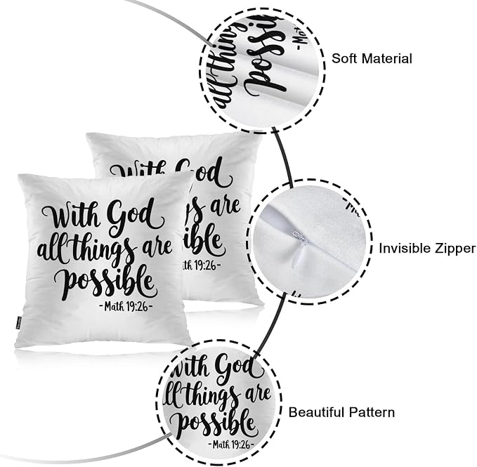Swono Home Decorative Throw Pillow Covers Bible Quote, Hope with God All Things are Possible Set of 2 Pillow Case Cushion Cover for Sofa Couch Bed Christian Verse Pillows Covers Decor 18x18 Inch