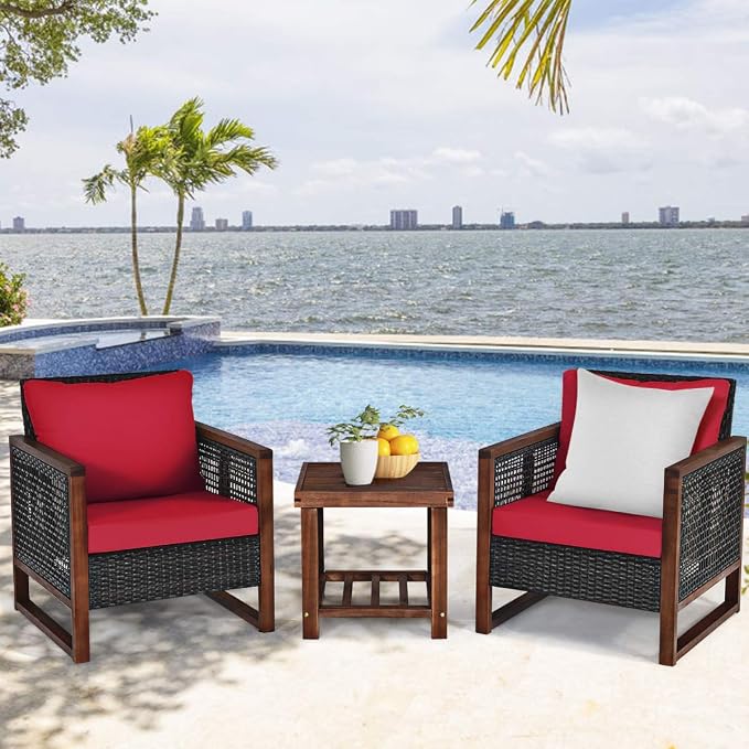 Tangkula 3 Pieces Patio Wicker Furniture Set, Rattan Outdoor Sofa Set w/Washable Cushion & Acacia Wood Coffee Table, Conversation Bistro Set for Garden Balcony Backyard (Red)