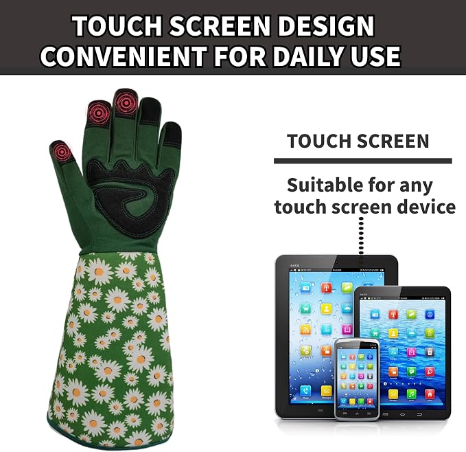 Thornproof Rose&Cactus Gardening Gloves,Gauntlet Garden Glove,Gifts | Canvas,Cute Floral Pattern,Leather Palm,Touchscreen,Durable Material,Garden Gift,Men&Women,Machine Washable,Adjustable Cuff