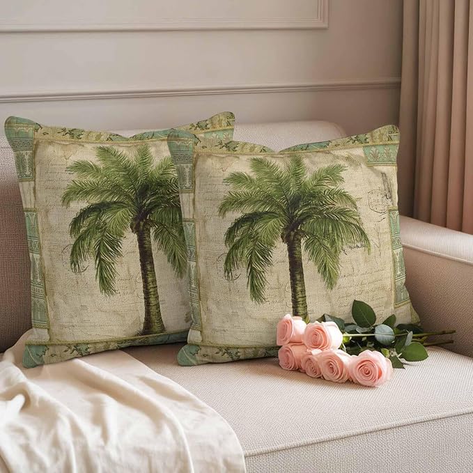 Summer Palm Trees Outdoor Pillow Covers 18"x18" Set of 2, Vintage Brown Tropical Leaves Boho Texture Waterproof Throw Pillow Covers for Patio Furniture, Decorative Cushion Covers for Porch