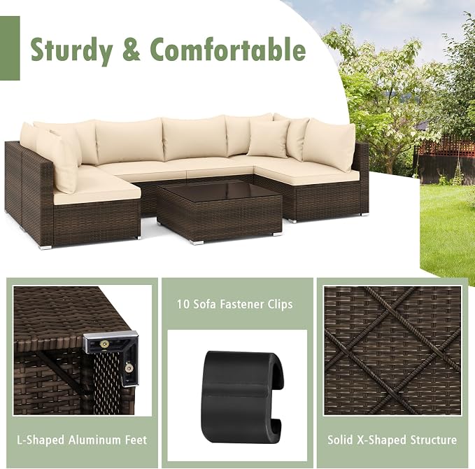 Tangkula 7 Pieces Wicker Patio Furniture Set, All-Weather Outdoor Rattan Sectional Sofa Set with Cushions & Tempered Glass Coffee Table, Outside Sofa Set for Garden, Lawn, Deck, Backyard