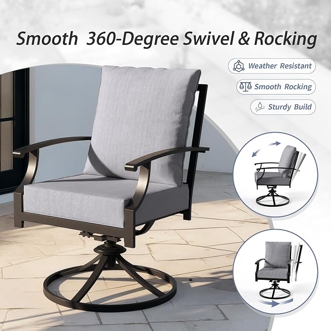Kullavik 7 Pieces Outdoor Dining Set,Patio Dining Table and Chairs Set for 6,Fence Pattern Back Swivel Chairs with Thickened Cushions & X-Frame Metal Dining Table with Umbrella Hole for Patio,Grey