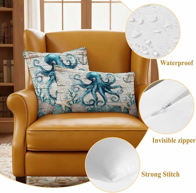 Teal Octopus Coastal Waterproof Outdoor Pillow Covers Set of 2 Home Decor, Summer Beach Nautical Starfish Retro Pillowcase Patio Pillow Covers for Couch Bench Furniture Garden 24x24in